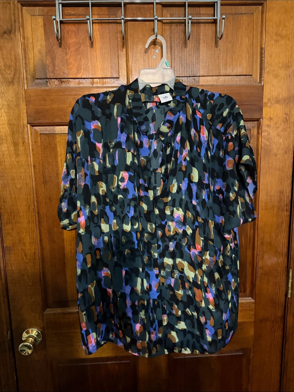 CAbi Black Multi-Color Abstract Short Sleeve Button-Up Blouse
